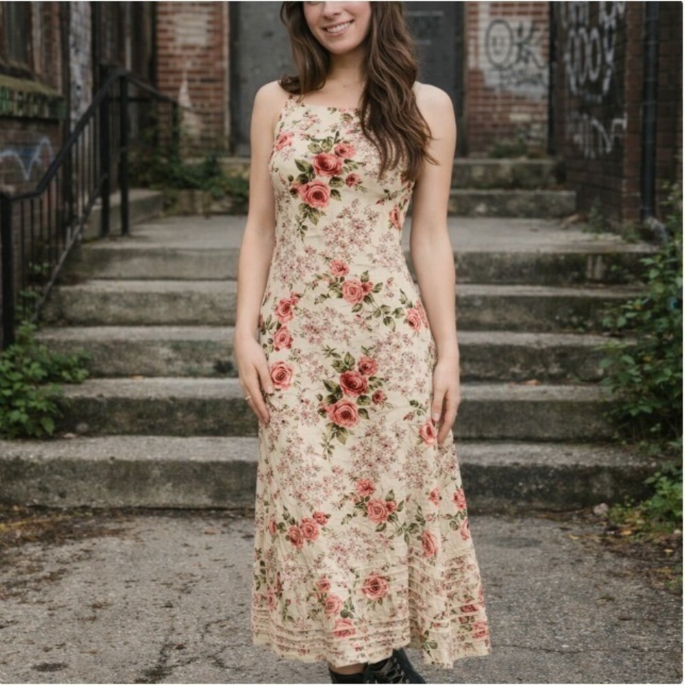 VTG 90s Garden Floral Maxi Dress Medium Fairy Grunge Tie Back Cottage Modest